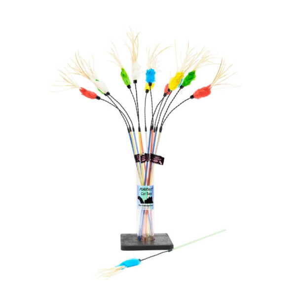 colorful feather cat toy wands in display holder