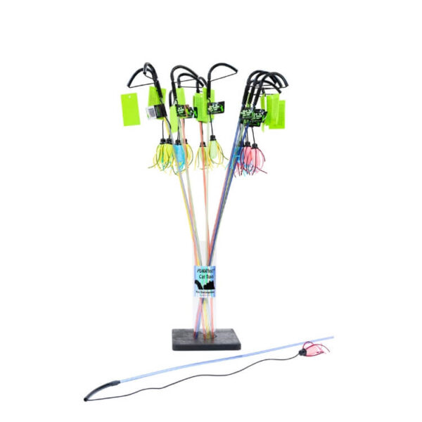 glow in the dark feather cat toy wands in display holder