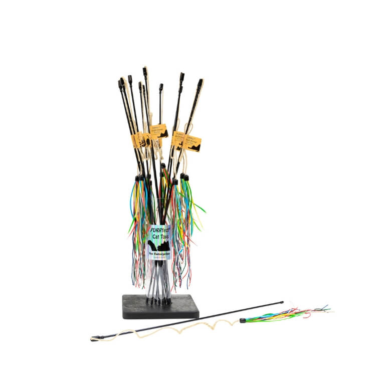feather cat toy wands in display holder